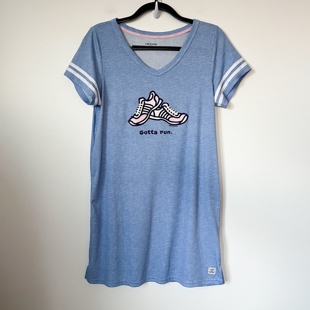 Life is Good Sleep Shirt Gotta Run Rib Knit Nightgown Medium Blue